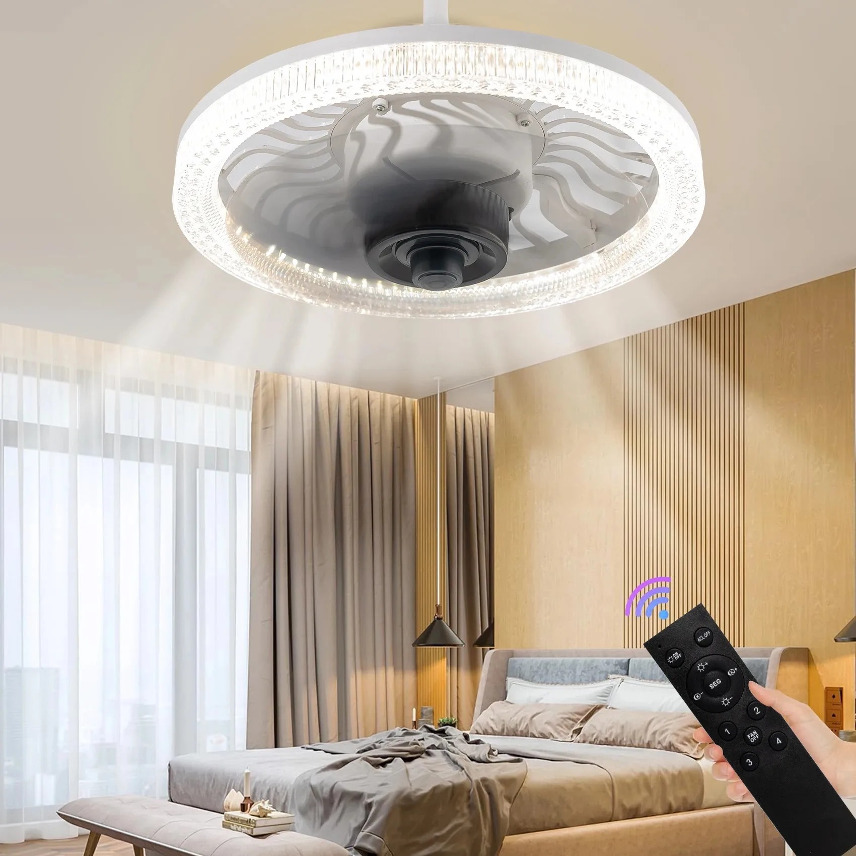 Kitchen Gadgets Smart - Intelligente LED-Deckenventilatorleuchte mit Fernbedienung, dimmbar, E27-Sockel,