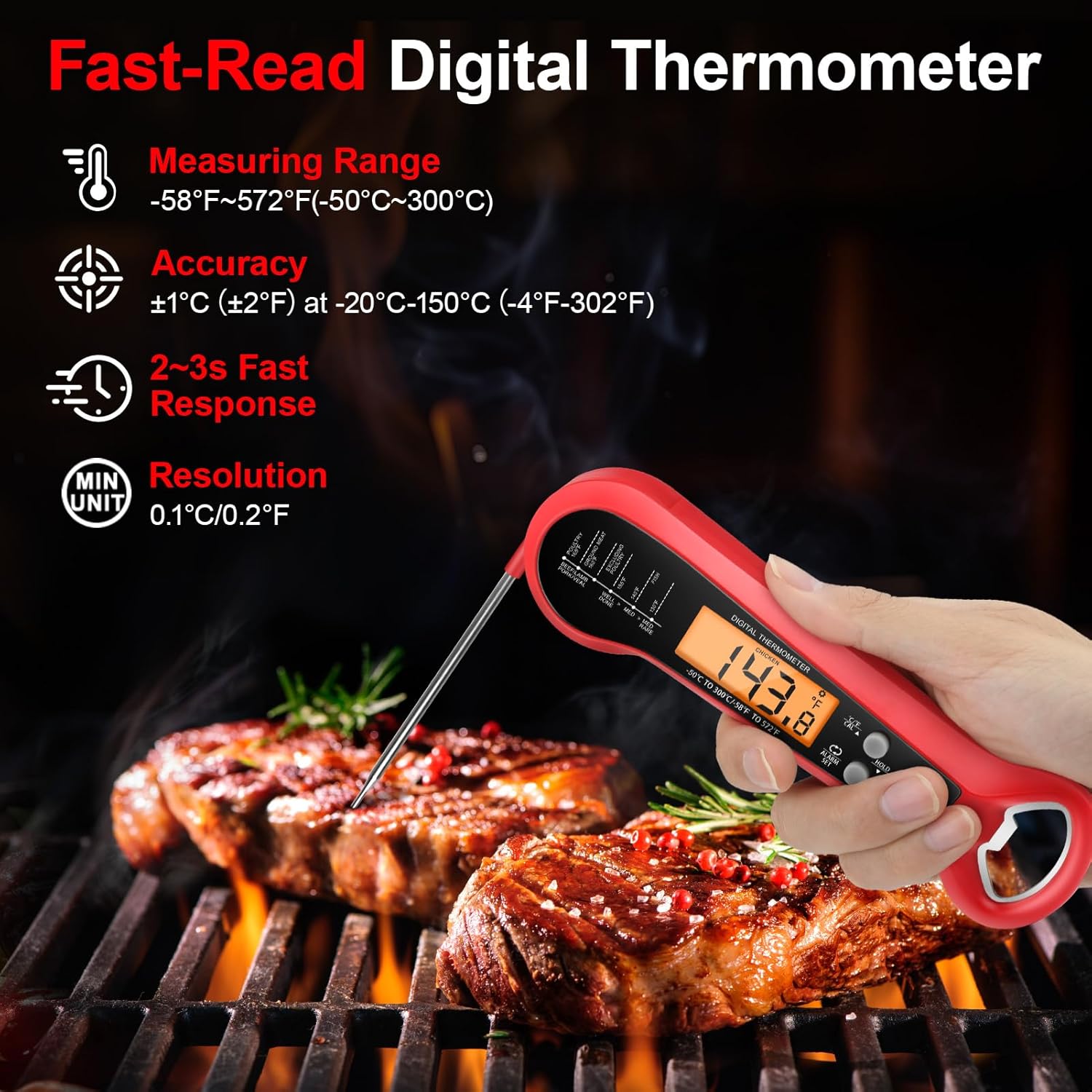 Instant Read Thermometer - Professionelles Digitales Fleischthermometer Wasserdicht mit 2